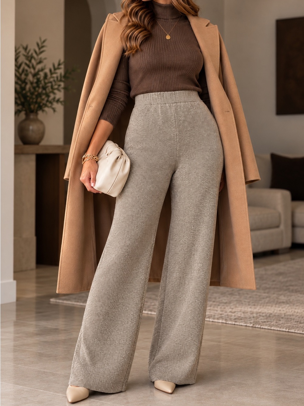 Vintage St John Collection Wool Knit Pants High Rise Wide Leg Beige Tan